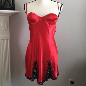 Elegant Red Satin Chemise with Black Lace Trim